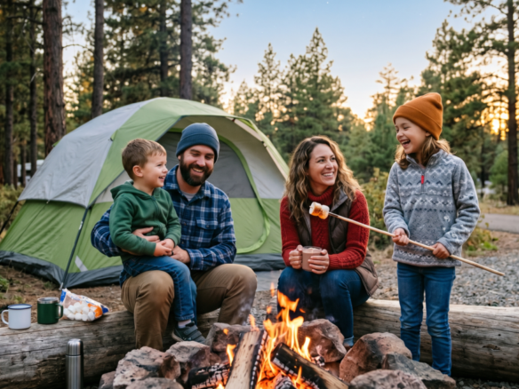 Une famille heureuse faisant griller des guimauves autour d'un feu de camp, illustrant l'ambiance d'un camping à vendre en Montérégie, près de Montréal.