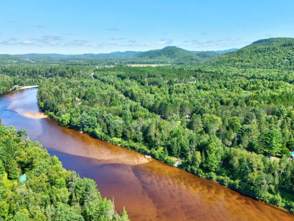 Aerial view of the Rivière Rouge and surrounding forest, part of a camping and glamping business for sale in the Laurentians.