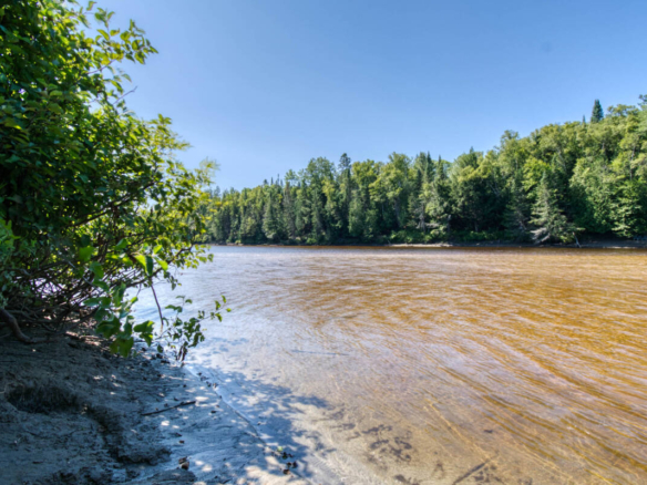 Plage de sable blanc et eau calme de la Rivière Rouge, un attrait pour les clients de ce camping à vendre dans les Laurentides, près de Mont-Tremblant