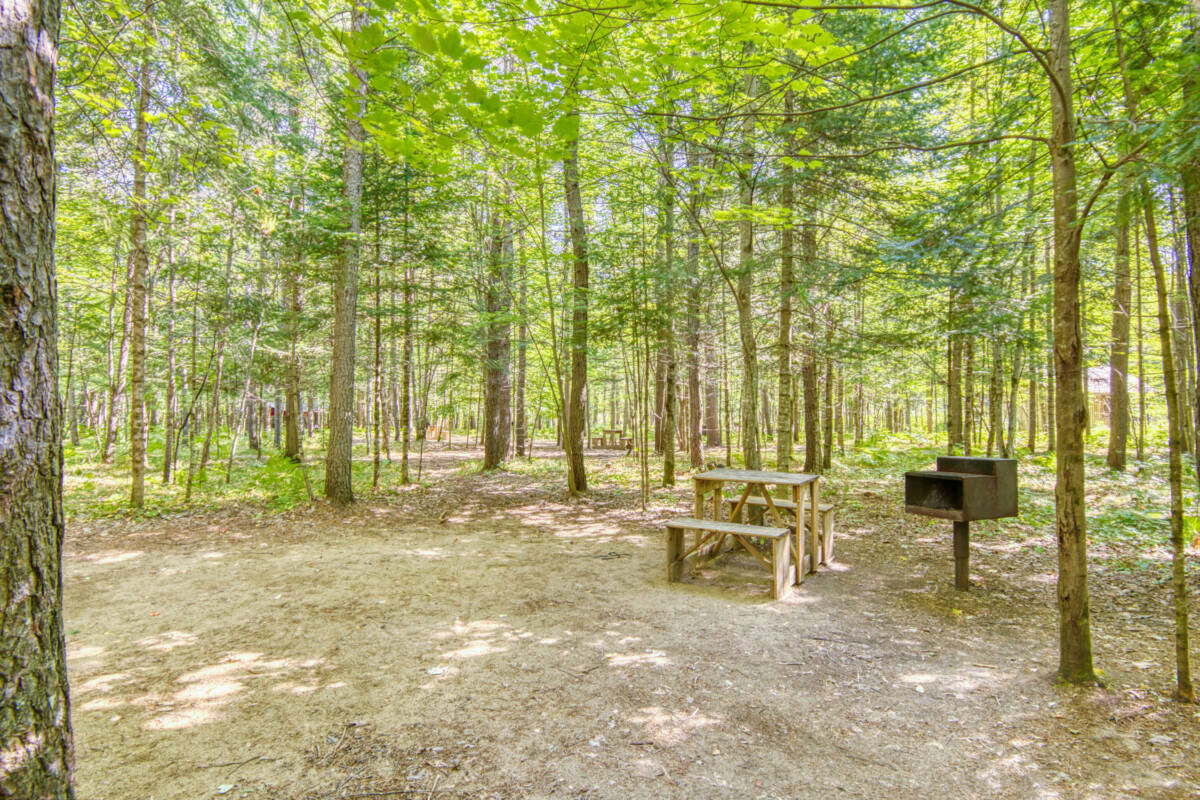 Emplacement de camping rustique et boisé avec table de pique-nique et foyer. Un site de camping à vendre dans les Laurentides, près de Mont-Tremblant