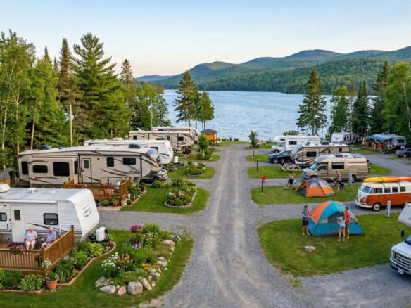 Vue aérienne d'un terrain illustrant un achat de camping au Québec, divisé entre une zone aménagée pour les campeurs saisonniers avec terrasses et un espace dédié aux voyageurs près du lac.