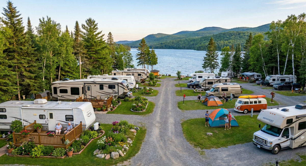 Vue aérienne d'un terrain illustrant un achat de camping au Québec, divisé entre une zone aménagée pour les campeurs saisonniers avec terrasses et un espace dédié aux voyageurs près du lac.